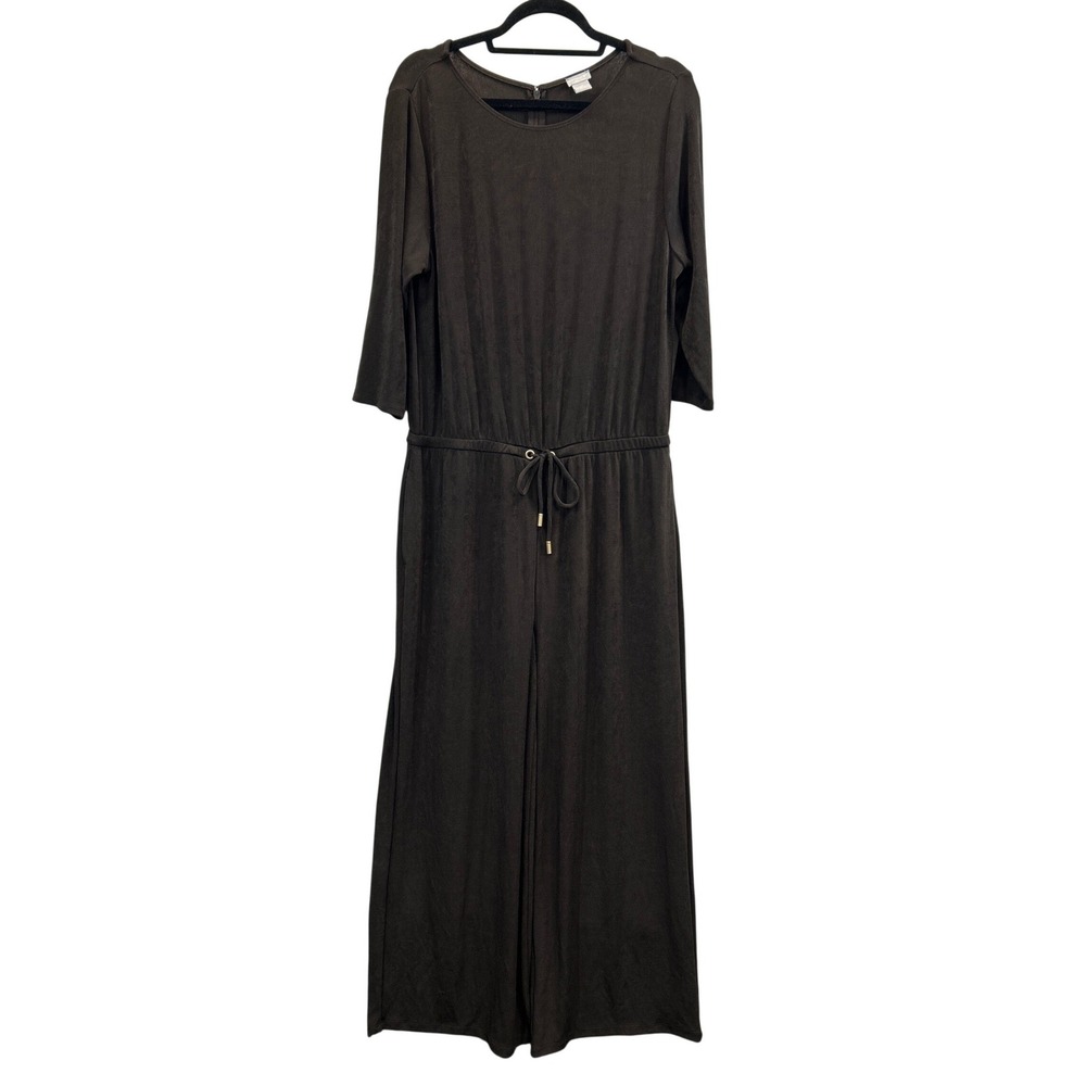 Chicos Jumpsuit Womens 2P Petite Brown 3/4 Sleeve Wide Leg Zip Back